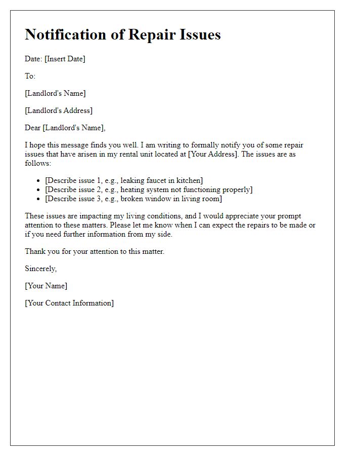 Letter template of notification of repair issues to landlord