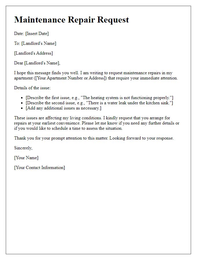 Letter template of request for maintenance repairs from tenant to landlord