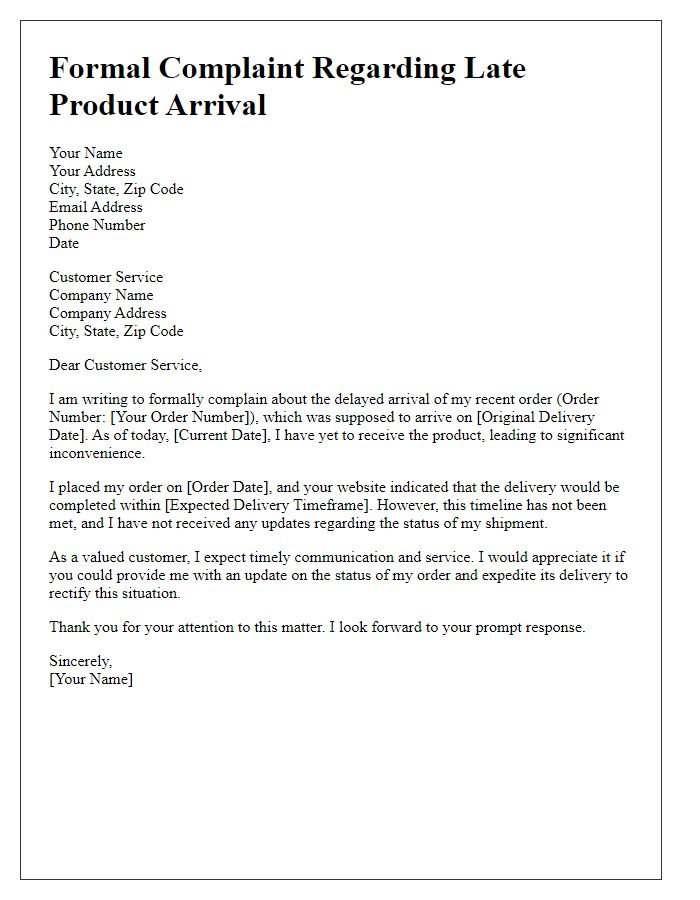 Letter template of formal complaint about late product arrival