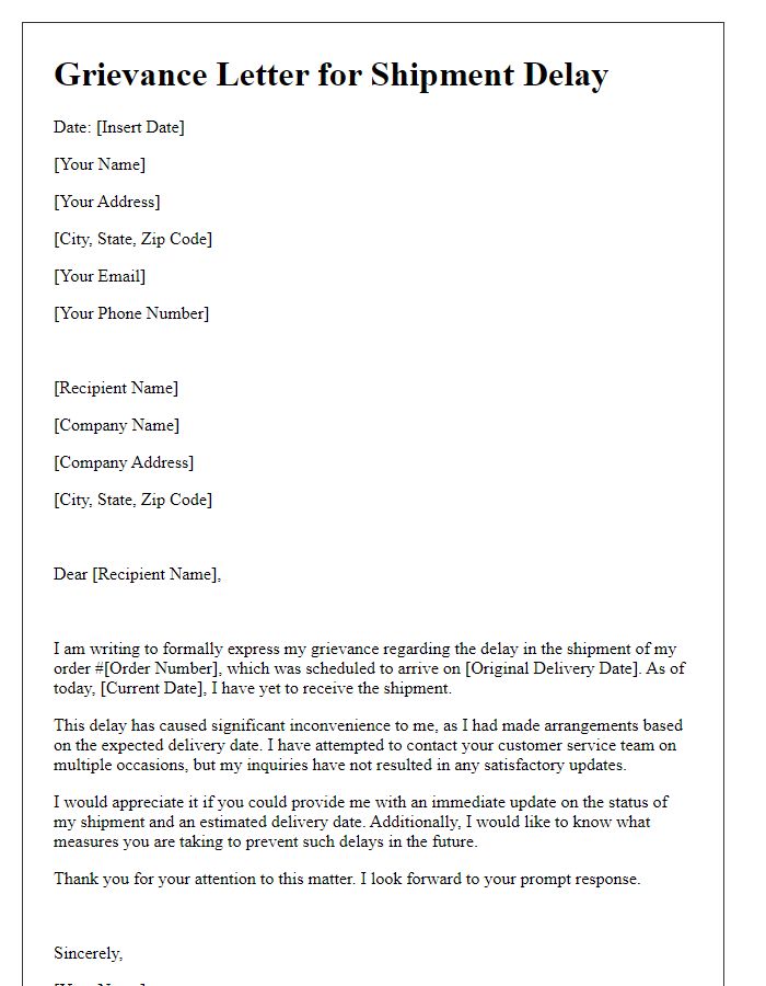 Letter template of grievance for shipment delay