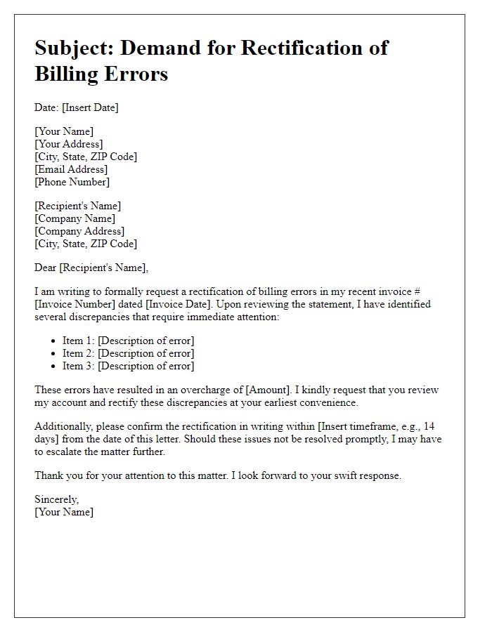 Letter template of demand for rectification of billing errors