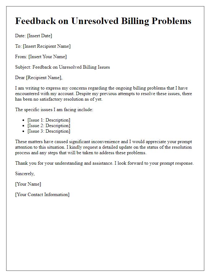 Letter template of feedback on unresolved billing problems