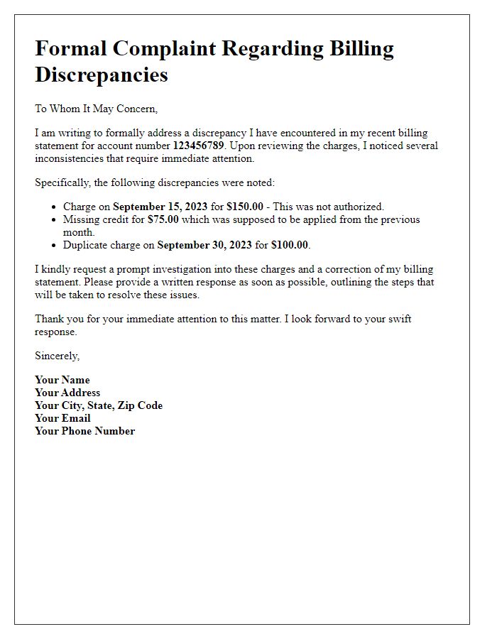 Letter template of formal complaint about billing discrepancies