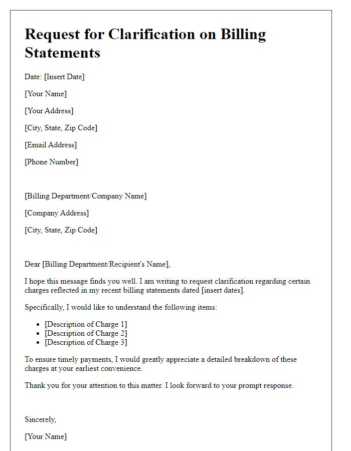 Letter template of request for clarification on billing statements