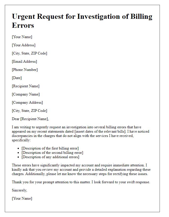 Letter template of urgent request for investigation of billing errors