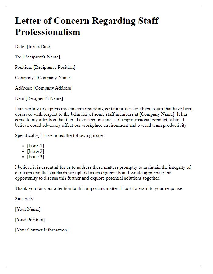 Letter template of concern about staff professionalism issues