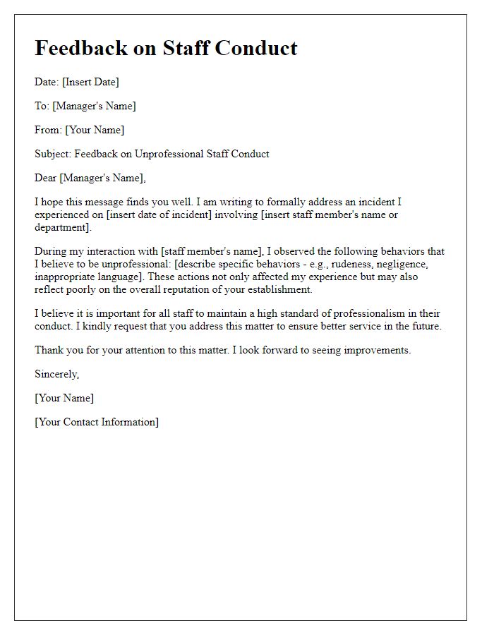 Letter template of feedback on unprofessional staff conduct