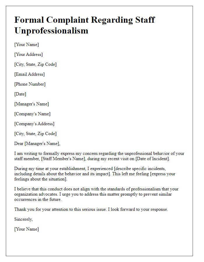 Letter template of formal complaint about staff unprofessionalism