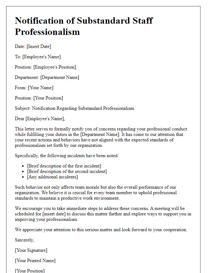 Letter template of notification regarding substandard staff professionalism