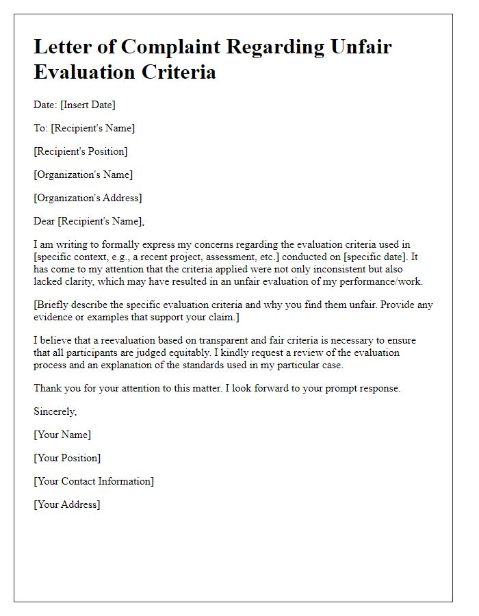 Letter template of complaint for unfair evaluation criteria