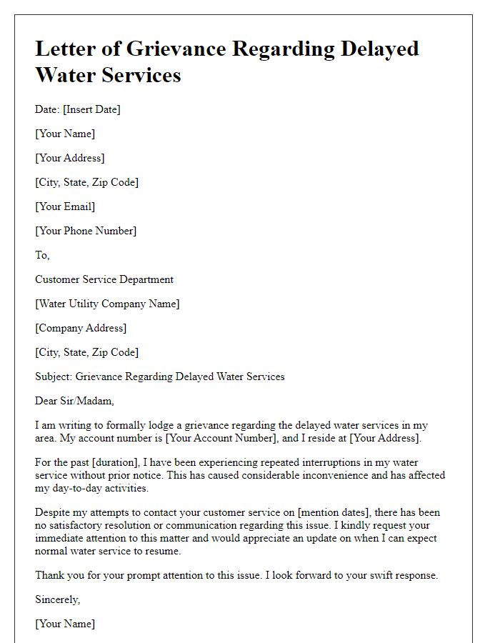 Letter template of delayed services grievance to water utility