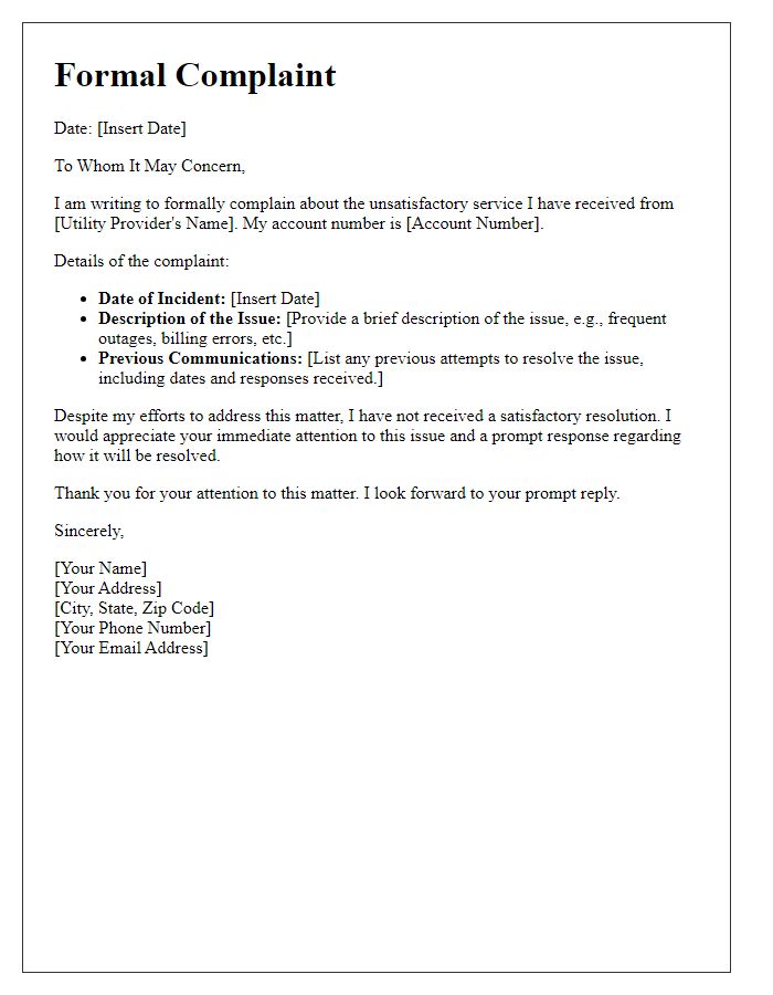 Letter template of formal complaint to utility provider