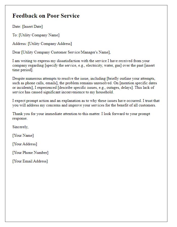 Letter template of poor service feedback to utility service