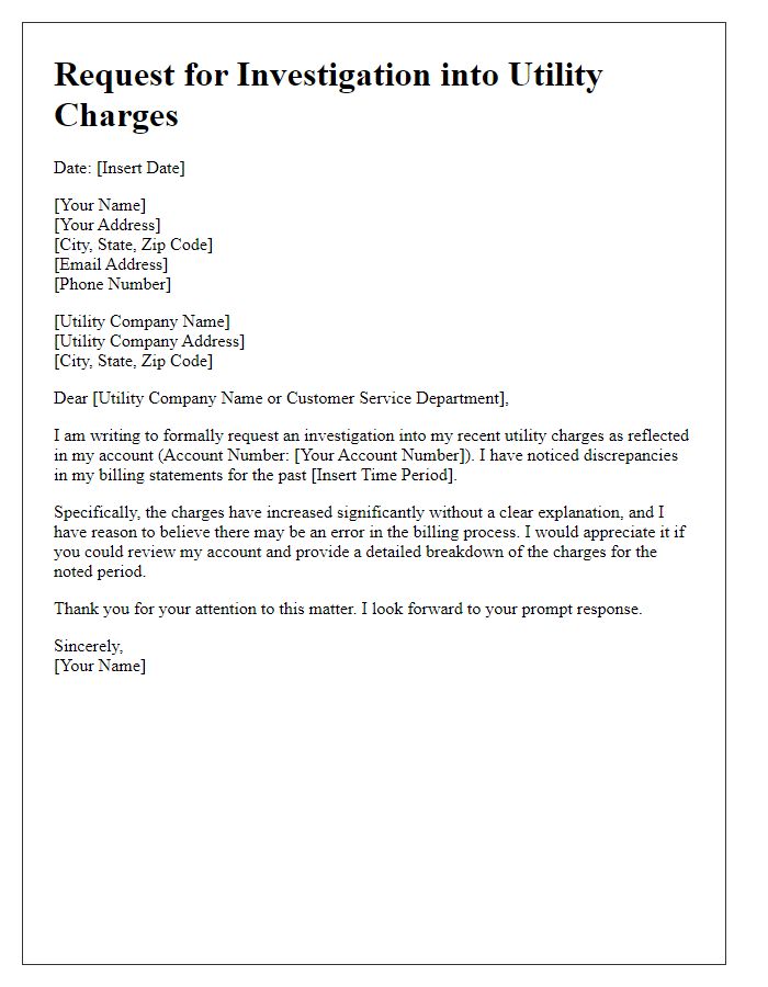 Letter template of request for investigation into utility charges