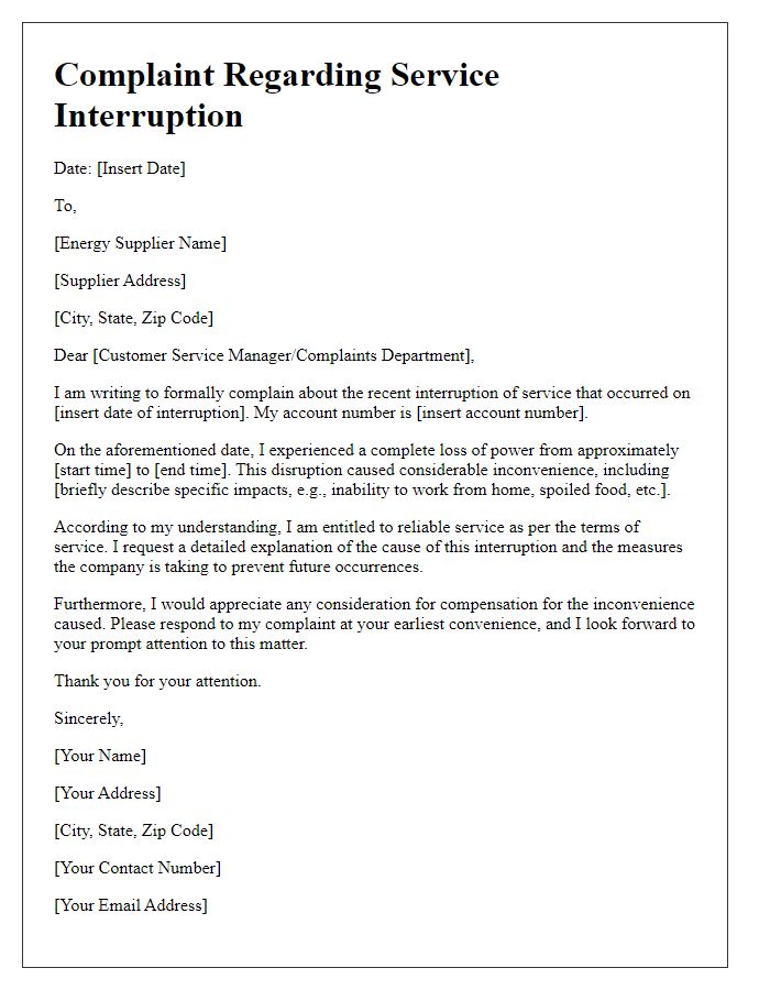 Letter template of service interruption complaint to energy supplier