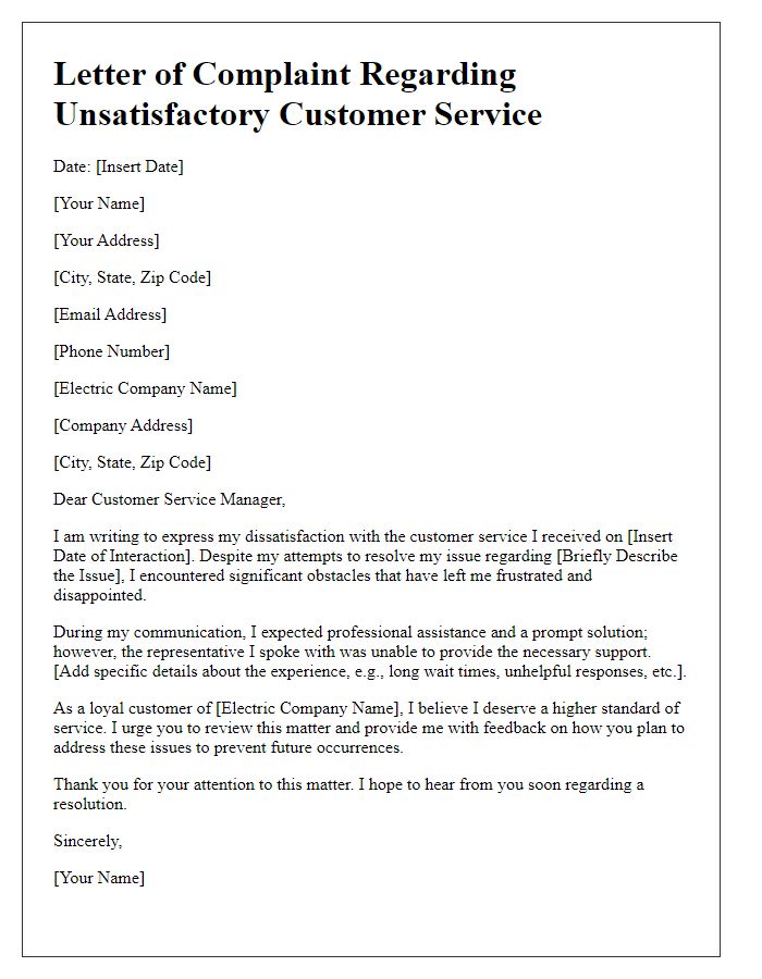 Letter template of unsatisfactory customer service to electric company