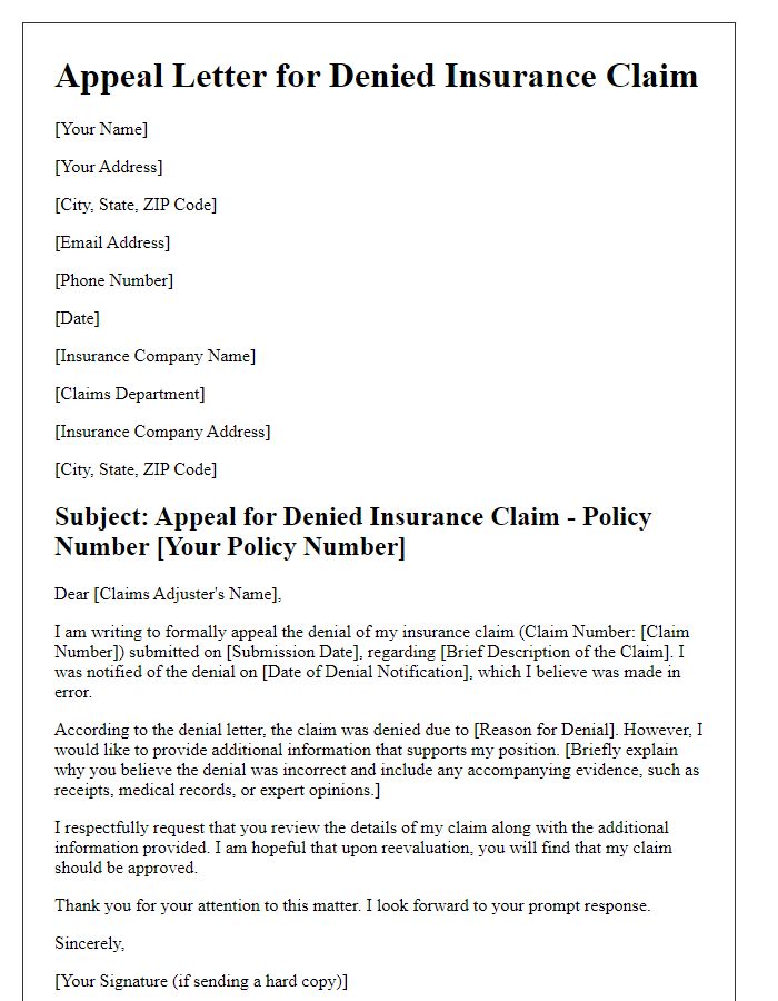 Letter template of appeal for denied insurance claim