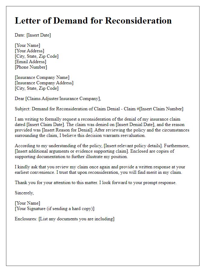 Letter template of demand for reconsideration of insurance claim denial