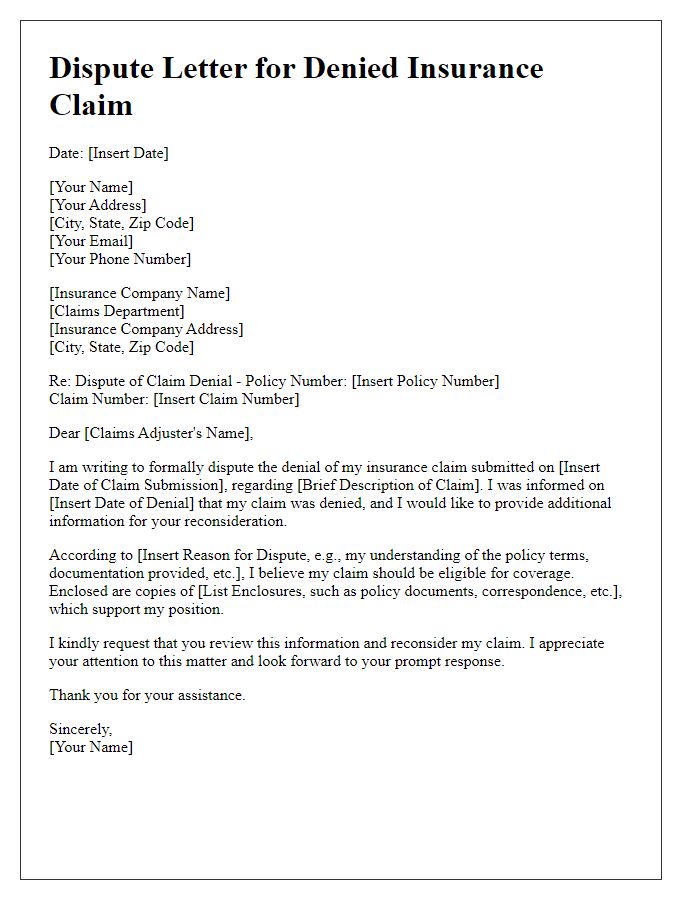 Letter template of dispute over denied insurance claim