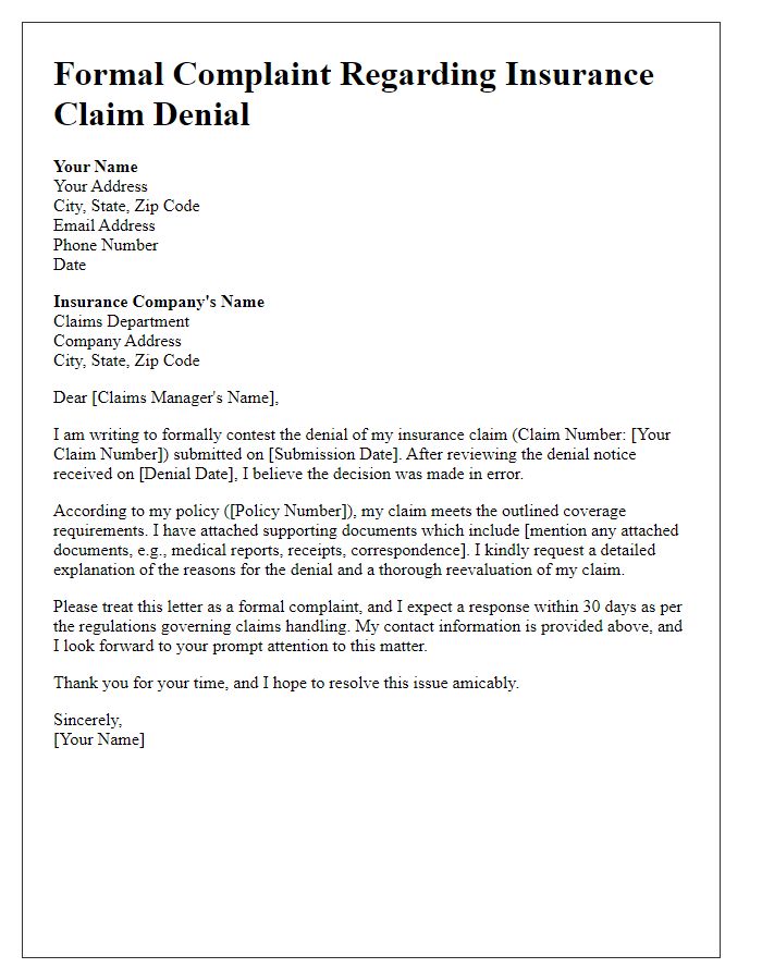 Letter template of formal complaint regarding insurance claim denial