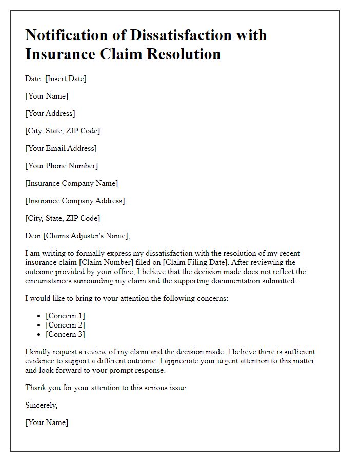 Letter template of notification of dissatisfaction with insurance claim resolution