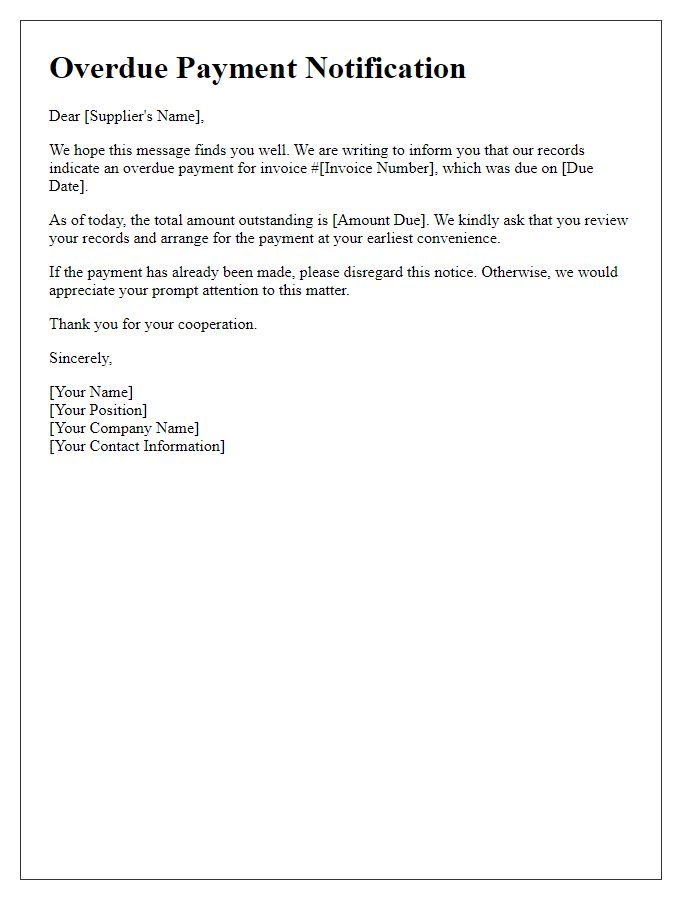 Letter template of overdue payment notification to supplier