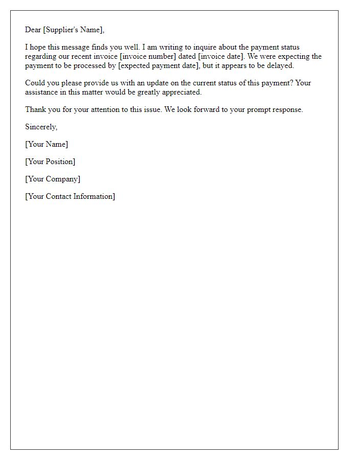 Letter template of payment delay inquiry to supplier