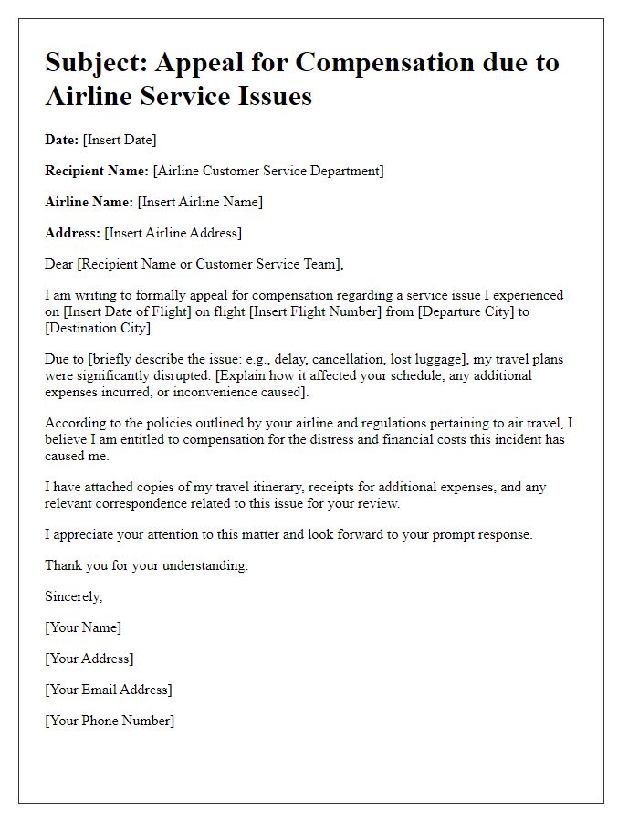 Letter template of appeal for compensation due to airline service issues