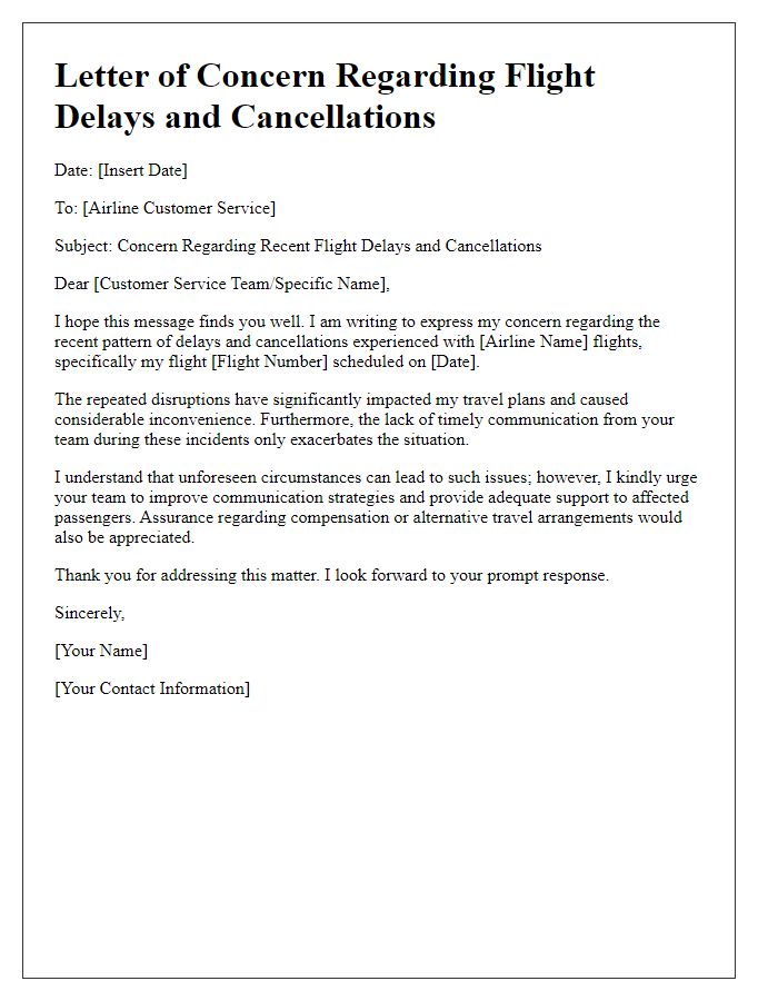 Letter template of concern regarding flight delays and cancellations