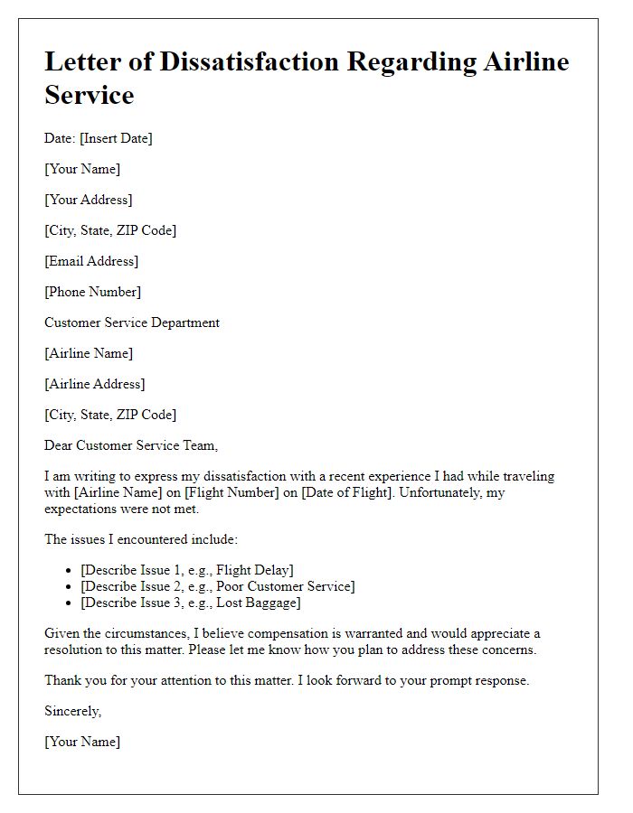 Letter template of dissatisfaction regarding airline service experience