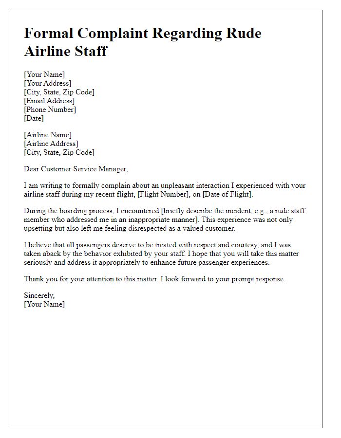 Letter template of formal complaint about rude airline staff interactions