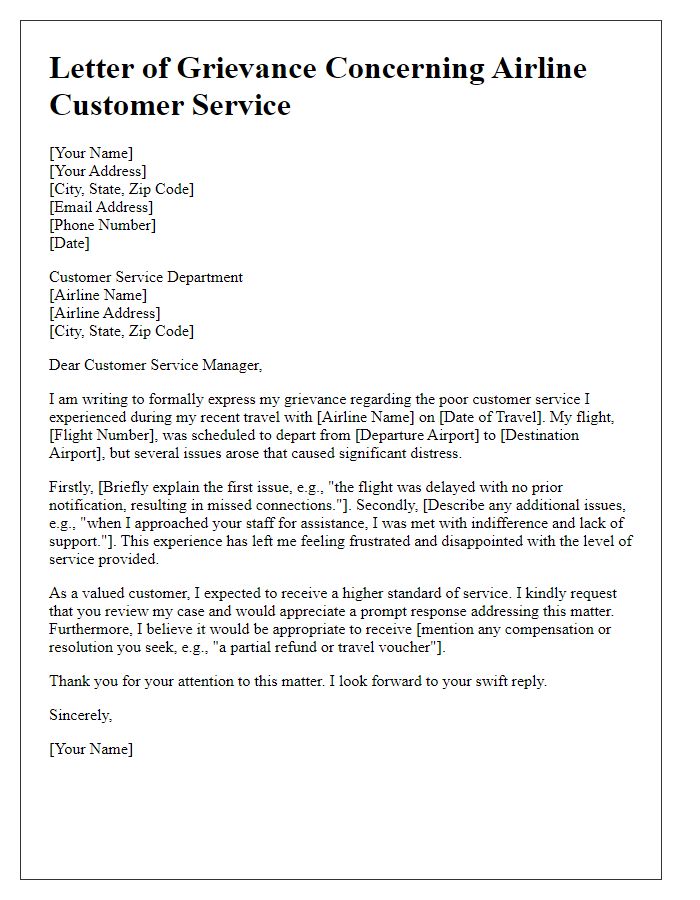 Letter template of grievance concerning airline customer service