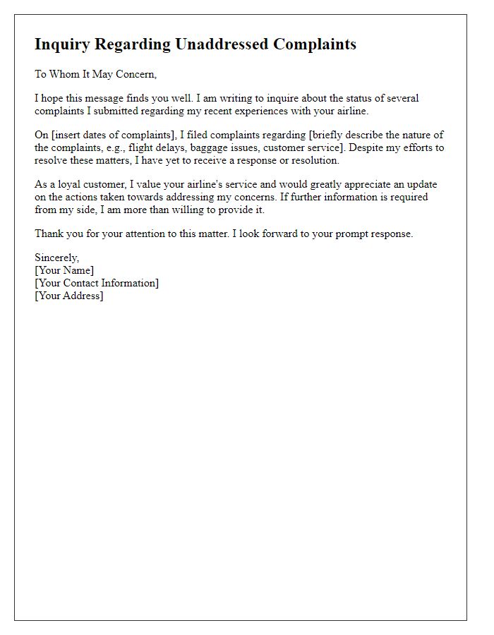 Letter template of inquiry regarding unaddressed complaints with airline