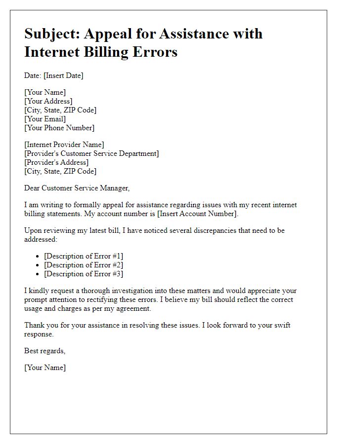 Letter template of appeal for assistance with internet billing errors