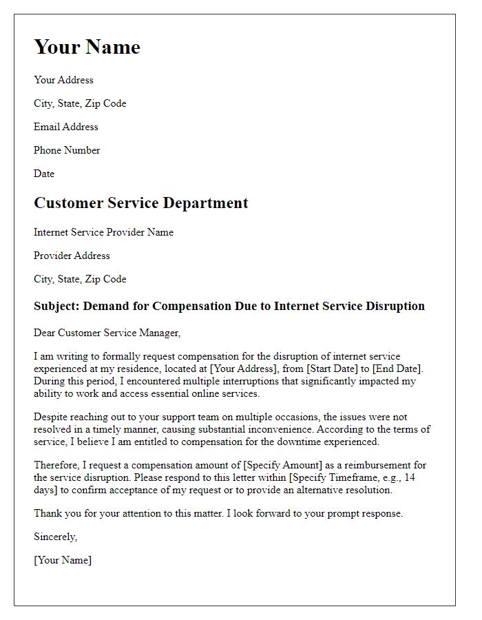 Letter template of demand for compensation due to internet service disruption