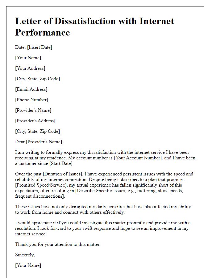 Letter template of dissatisfaction with internet performance