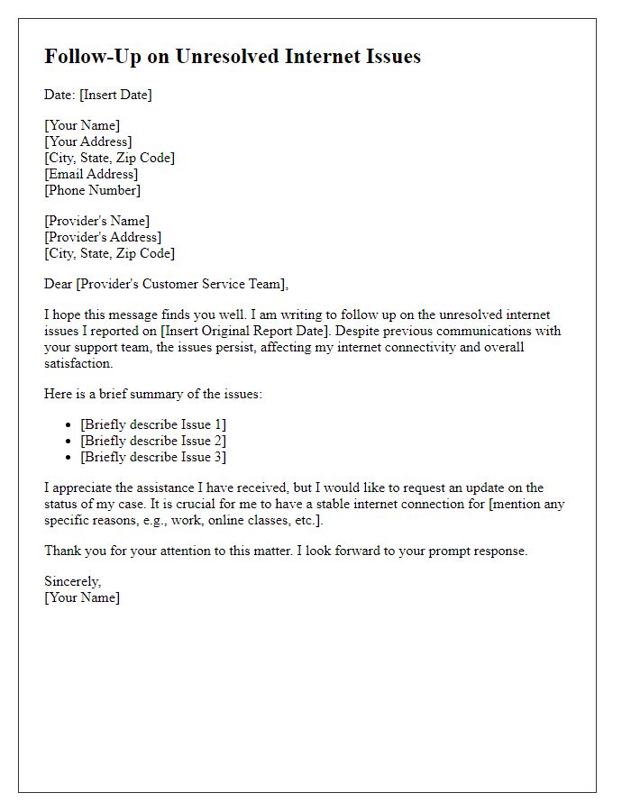 Letter template of follow-up on unresolved internet issues