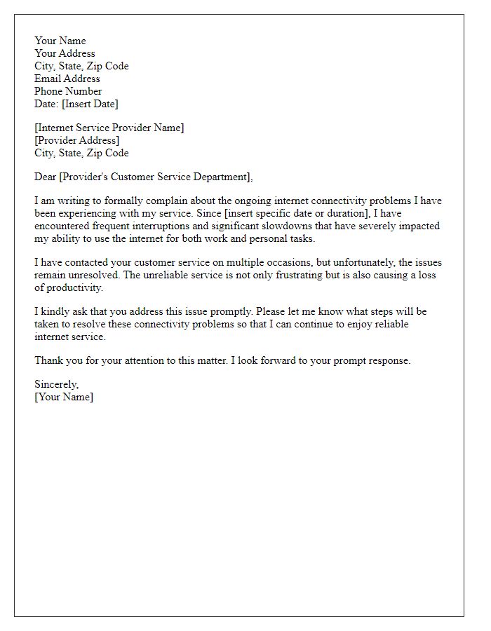 Letter template of formal complaint regarding internet connectivity problems