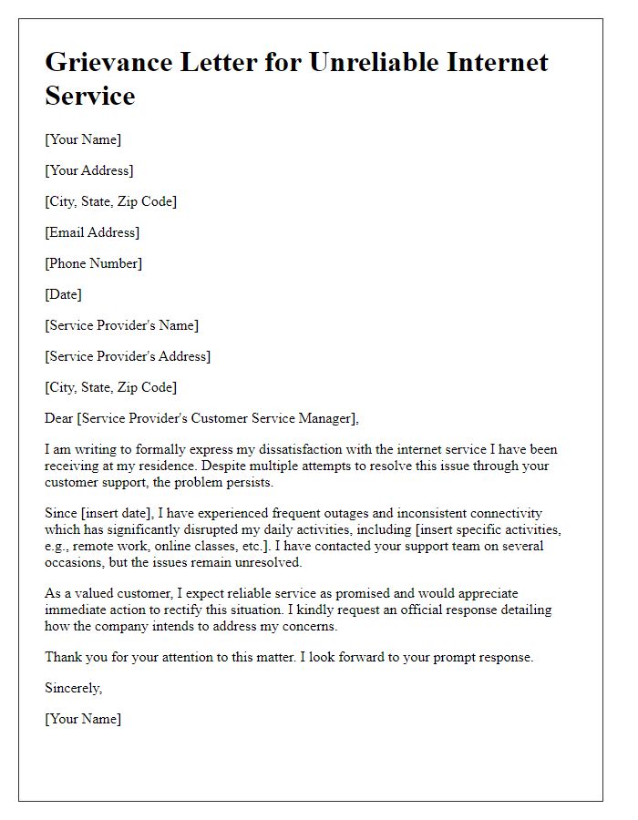 Letter template of grievance for unreliable internet service