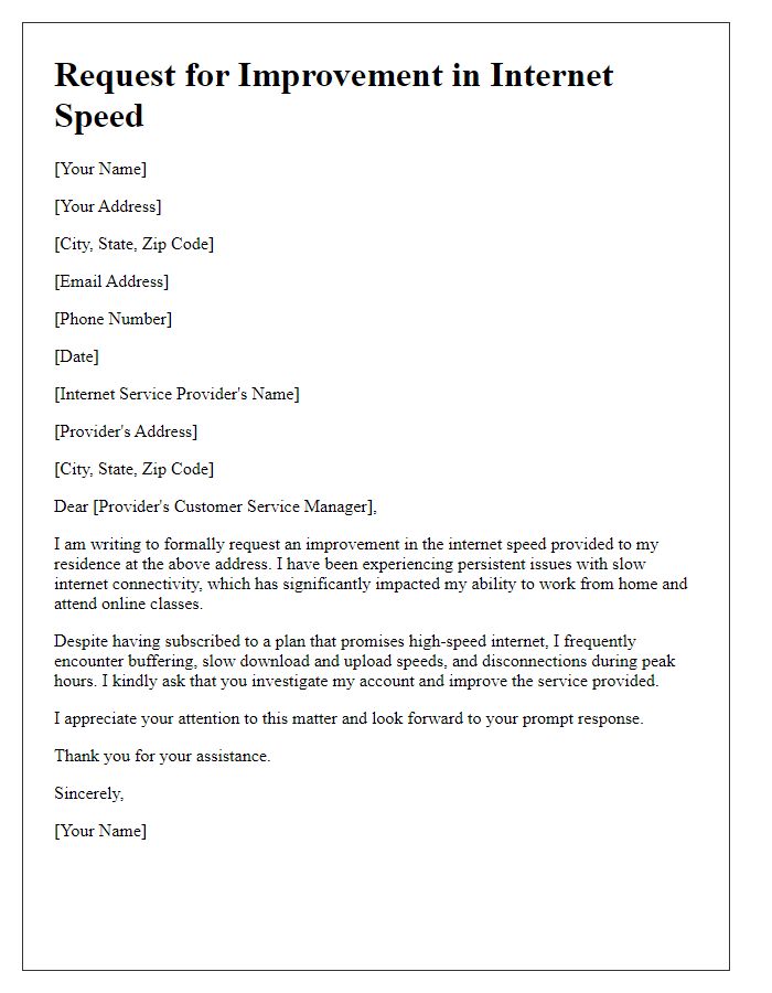 Letter template of request for improvement in internet speed