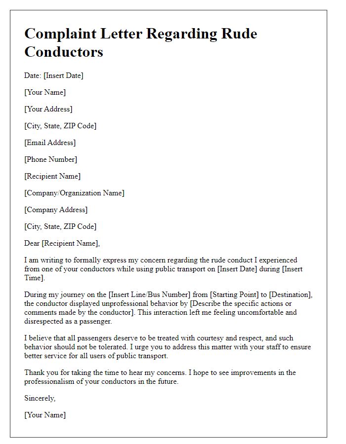 Letter template of complaint about rude conductors on public transport.