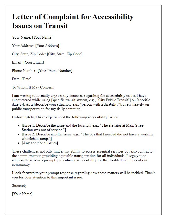 Letter template of complaint for accessibility issues on transit.