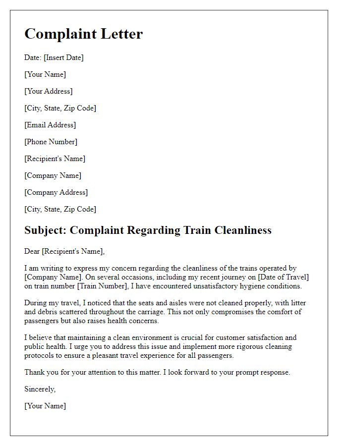 Letter template of complaint on the cleanliness of trains.