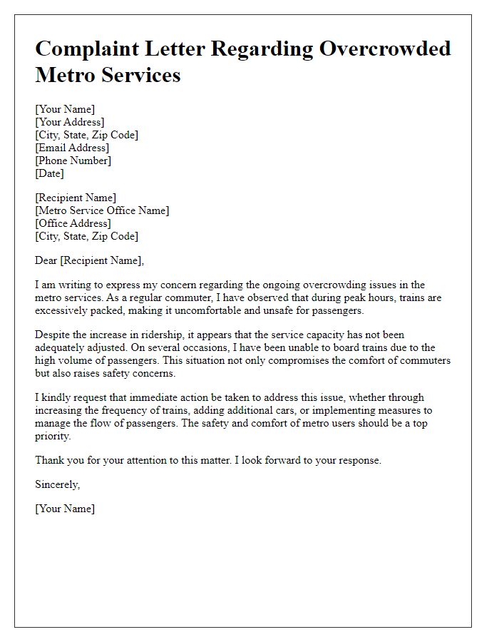 Letter template of complaint for overcrowded metro services.