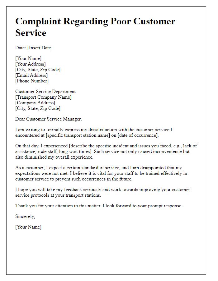 Letter template of complaint for poor customer service at transport stations.