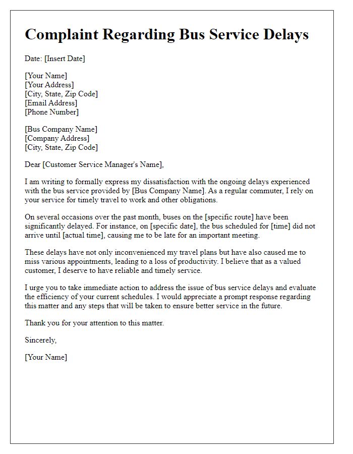 Letter template of complaint regarding bus service delays.