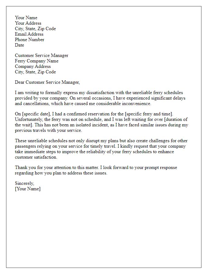 Letter template of complaint regarding unreliable ferry schedules.