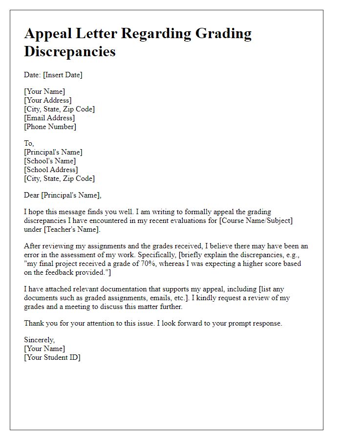 Letter template of appeal to school administration about grading discrepancies.