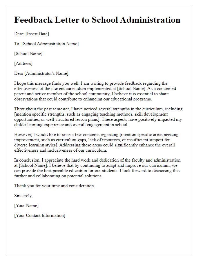 Letter template of feedback to school administration on curriculum effectiveness.