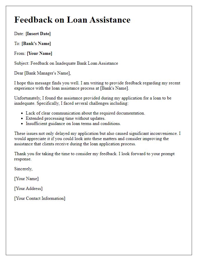 Letter template of feedback on inadequate bank loan assistance.